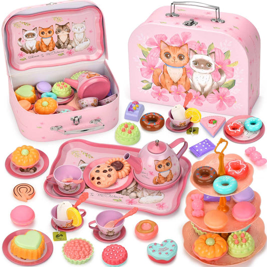 Lajeje Cat Tea Set with tin teapot and cups for imaginative tea-time play