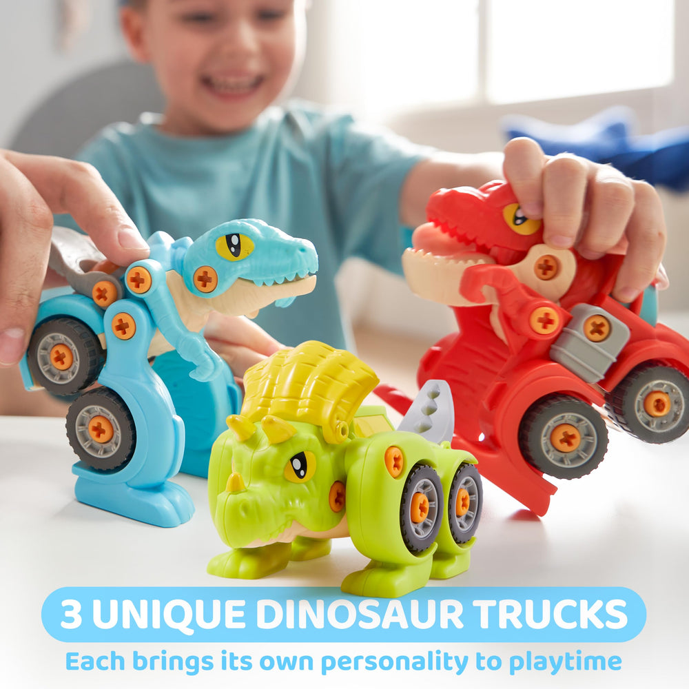 Lalalark Cooperative play scene with toy cars and dinos.