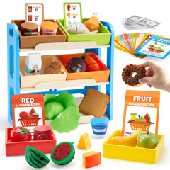 Lalalark store shelves organize pretend food for easy cleanup during grocery play.