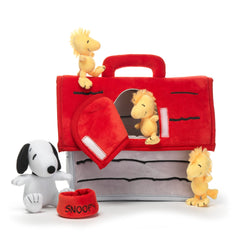 Lambs & Ivy Classic Snoopy doghouse front view with Snoopy and three Woodstock figures for imaginative play.