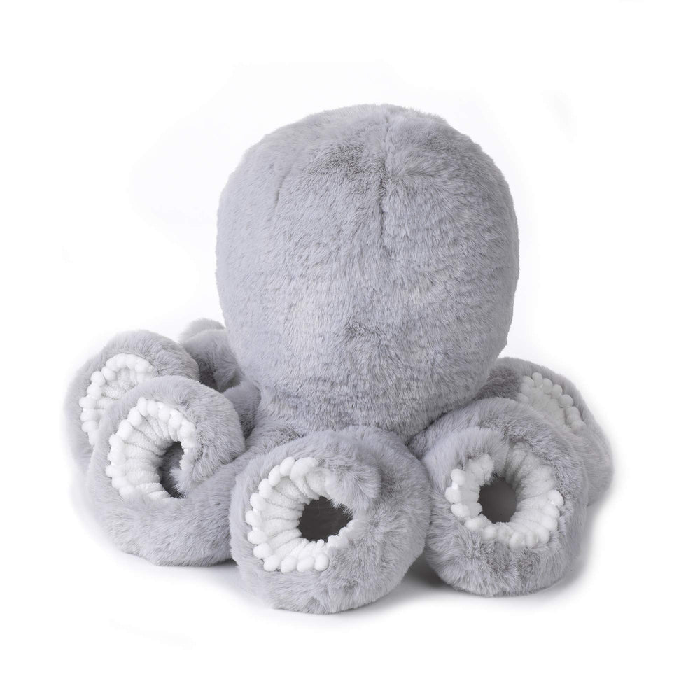 Inky's white ribbed velour under tentacles adds tactile contrast for little hands.