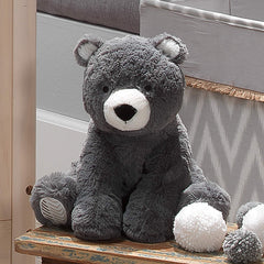 Lambs & Ivy Oscar bear back view reveals soft charcoal fur.