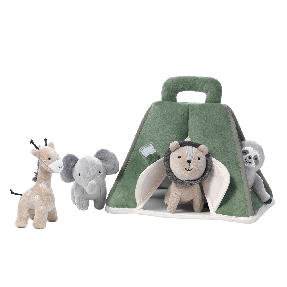 Lambs and Ivy safari tent shows elephant peekaboo windows for interactive discovery.