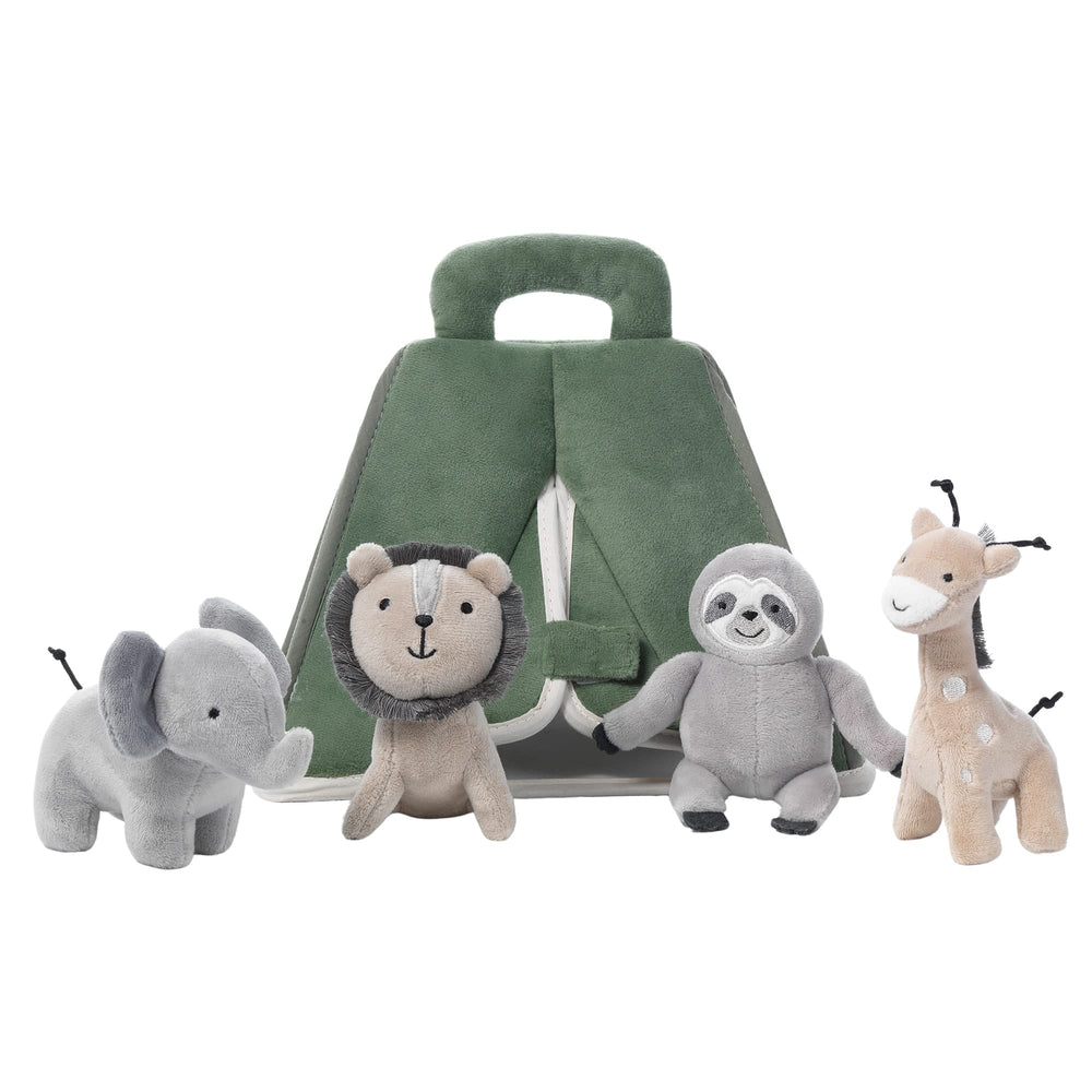 Lambs and Ivy safari tent features lion plush for role-play and sensory exploration.