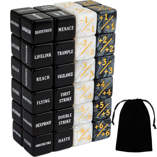 LAMJAM 48-piece keyword dice set with velvet pouch for easy MTG counters.