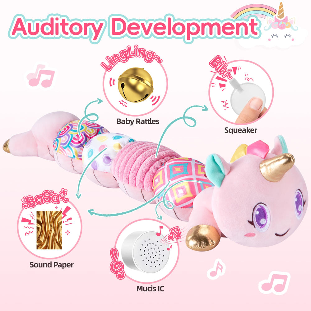Lanbeby Unicorn Baby Toy back view highlights colorful textures