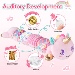 Lanbeby Unicorn Baby Toy back view highlights colorful textures