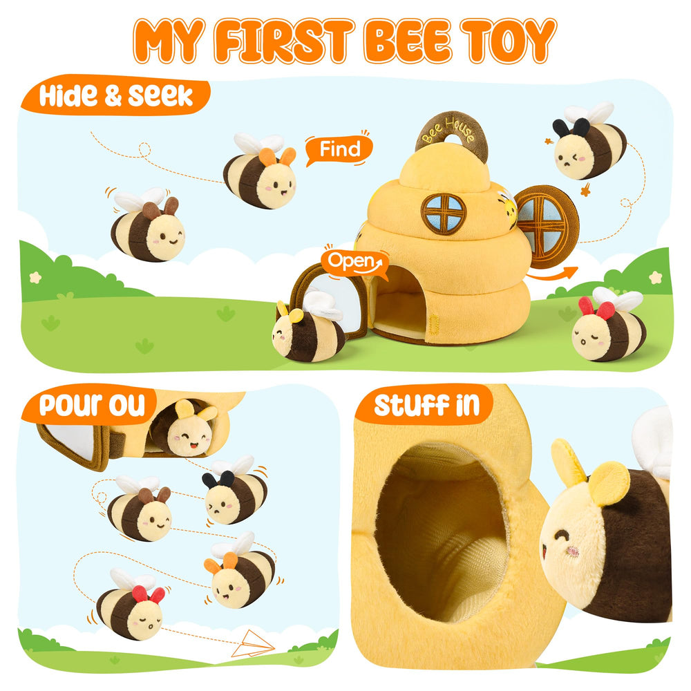 Yellow bee with built-in music box adding gentle sounds during play