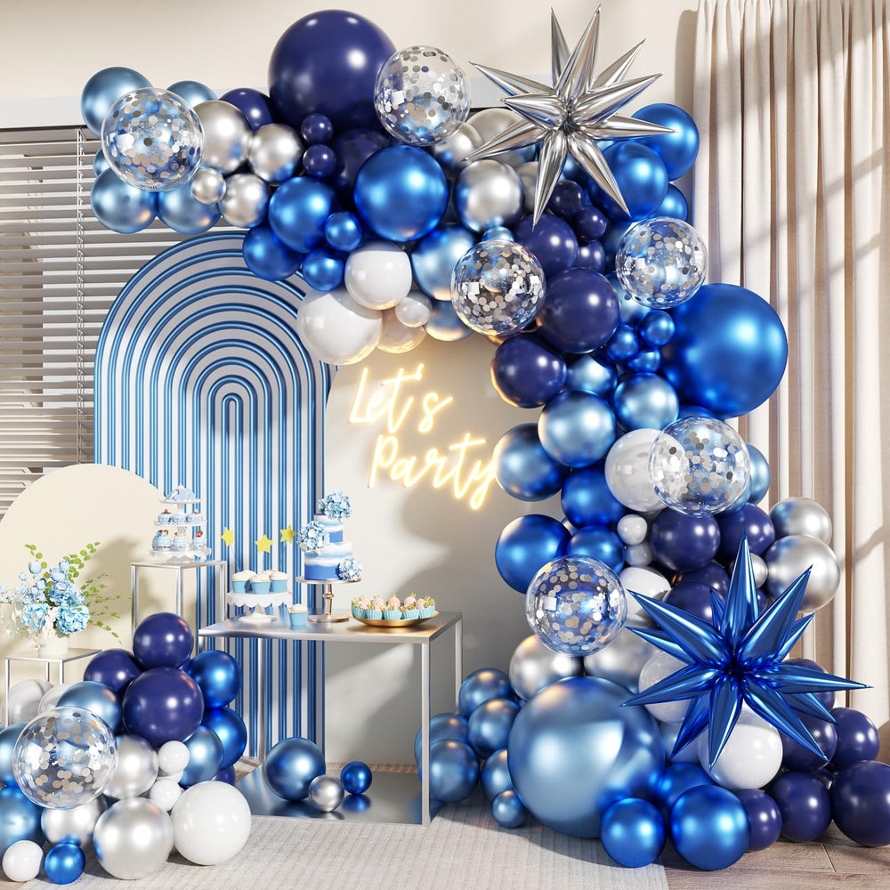 LANGASQUE balloon arch kit with navy, blue, silver, and white balloons for an elegant backdrop