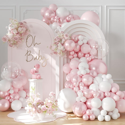 LANGASQUE pink balloon arch kit 108pcs arranged as a dramatic event backdrop