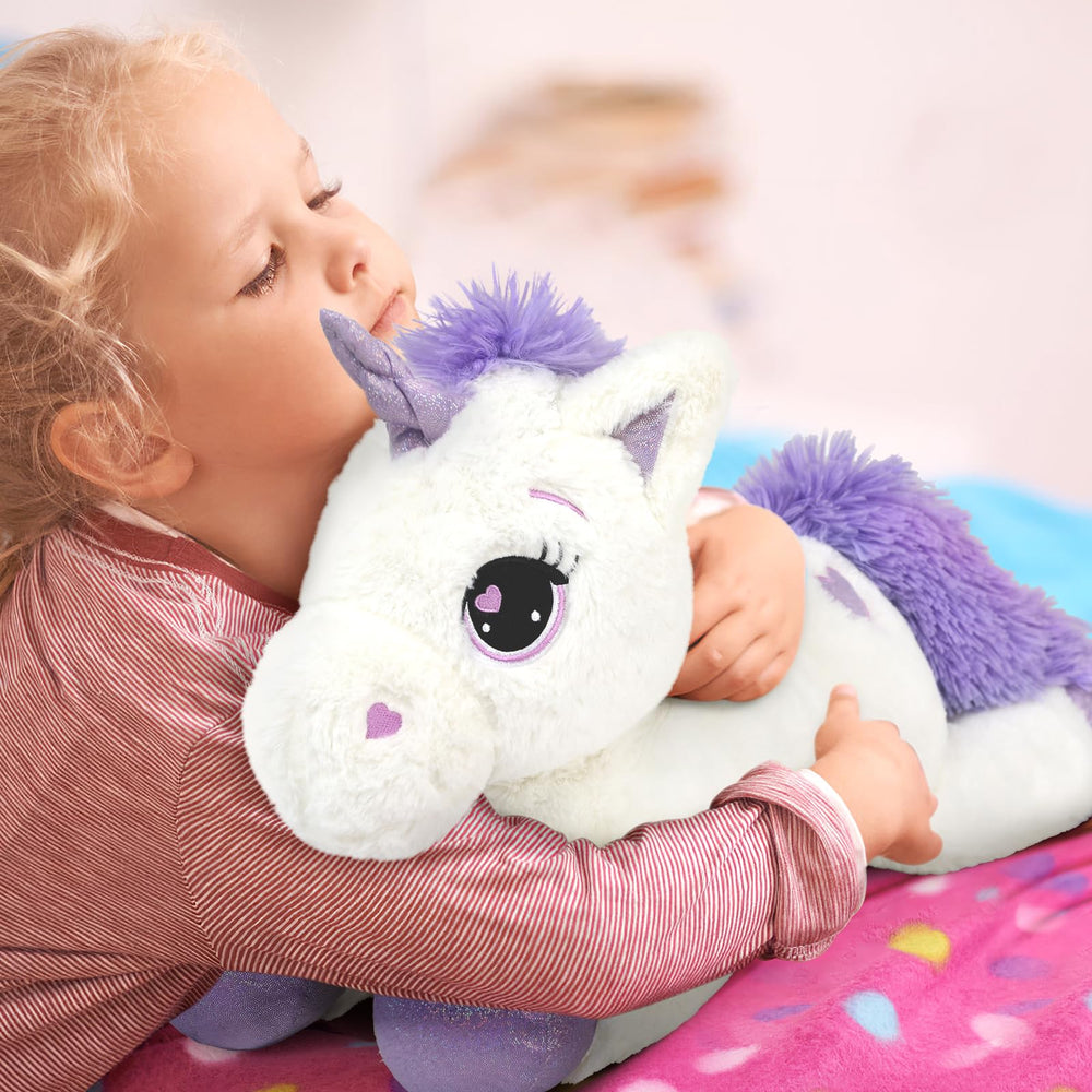 Lanmore unicorn with embroidered eyes, safe design for kids.