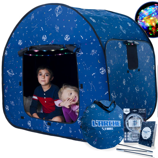L'Arche sensory tent with LED lights and remote for customizable ambience.