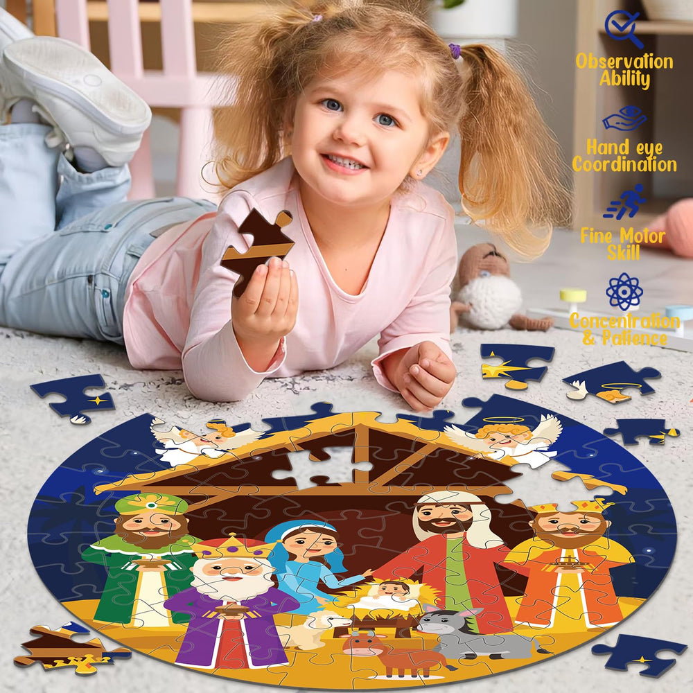 Larchio nativity characters Mary, Joseph, Baby Jesus, and Wise Men engaged in play.
