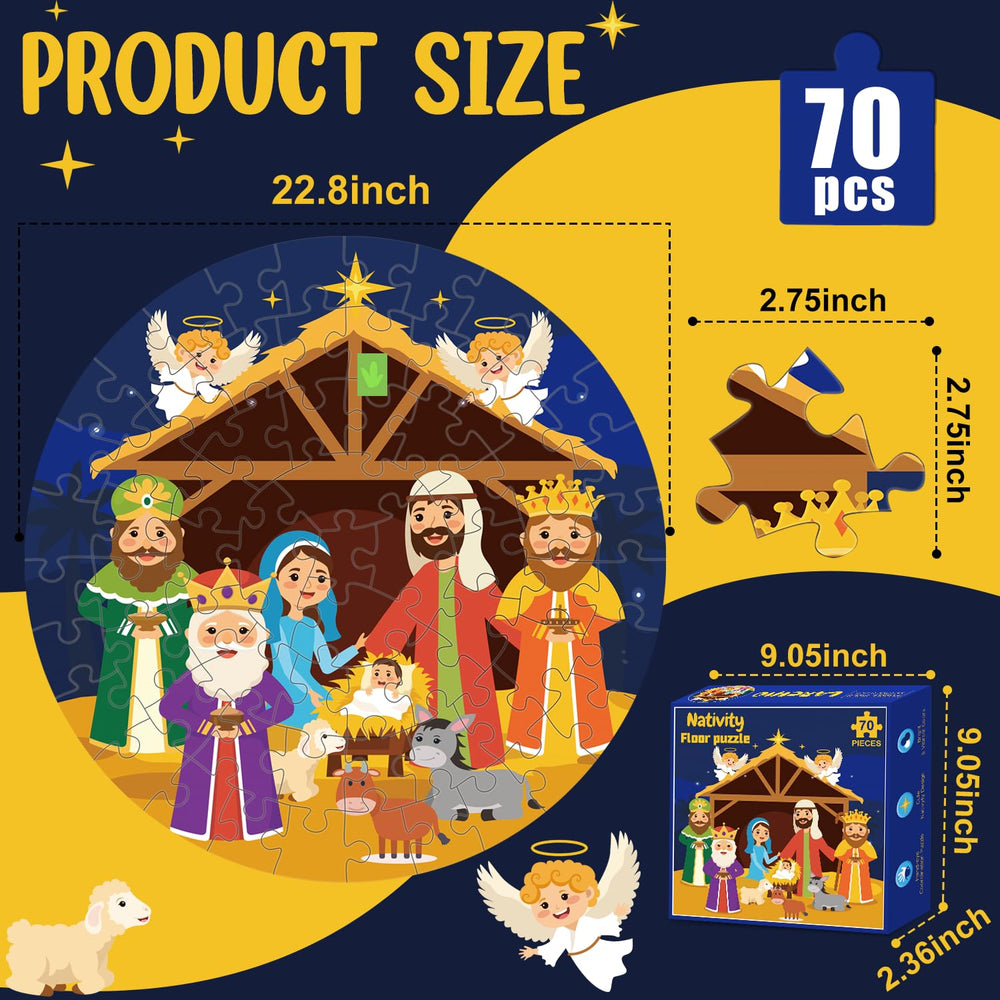 Larchio 70-piece Nativity puzzle laid flat to form a 22.4-inch square for family play.