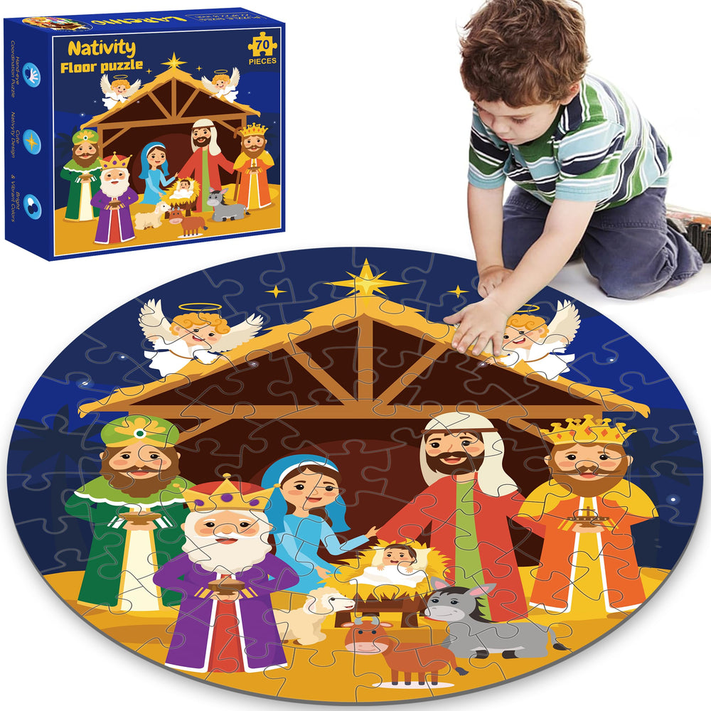 Larchio Nativity Scene Floor Puzzle featuring Mary, Joseph, and Baby Jesus for engaging play.