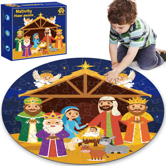 Larchio Nativity Scene Floor Puzzle featuring Mary, Joseph, and Baby Jesus for engaging play.