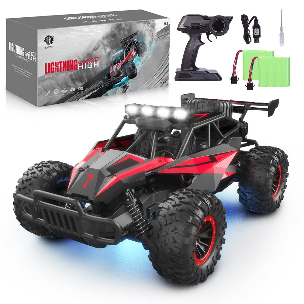 LARVEY 1:16 RC car front view in red for high-visibility play.
