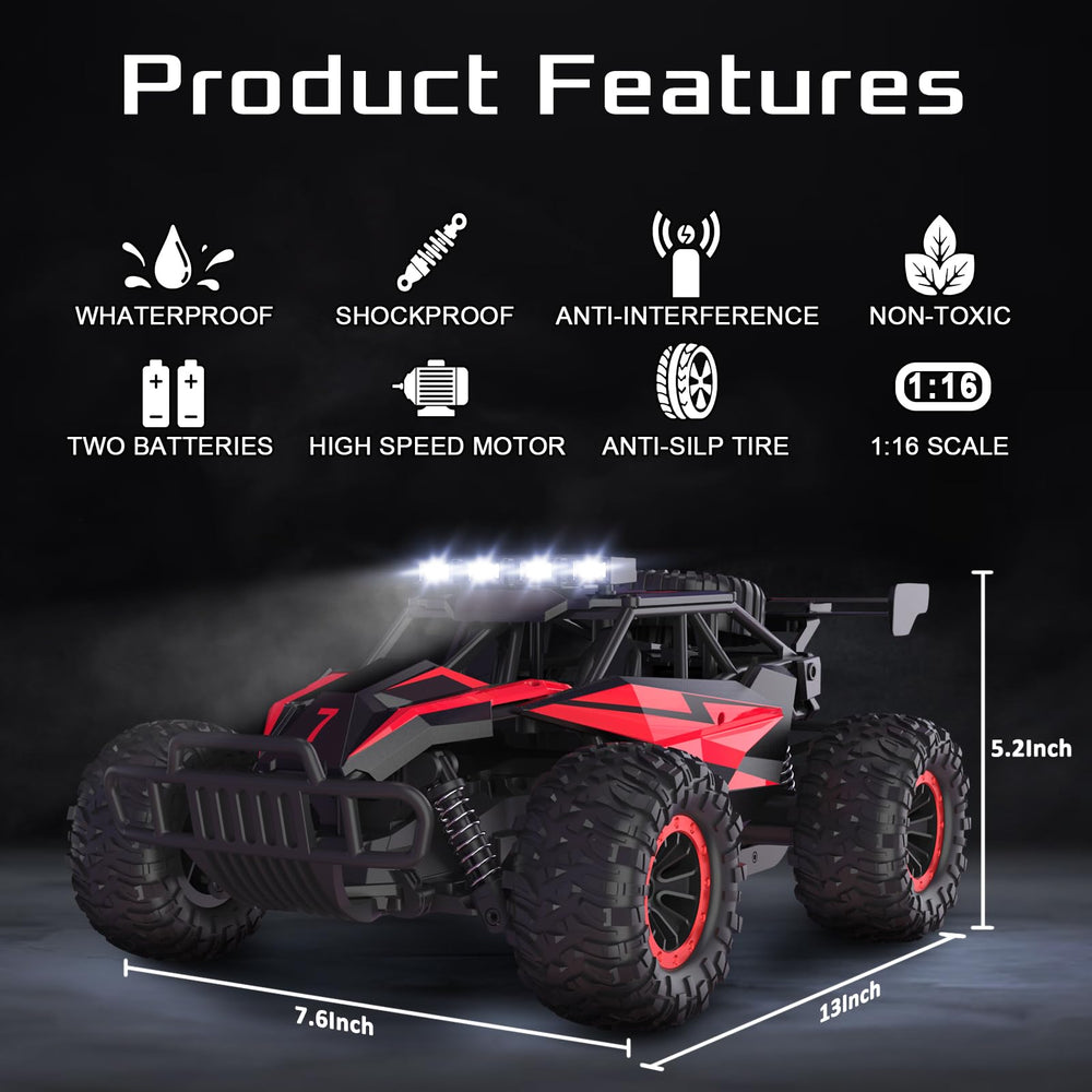 LARVEY 1:16 RC car rear view shows the durable ABS chassis.