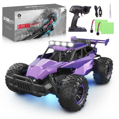 LARVEY 1:16 purple RC car front view showing bold design and bright lighting