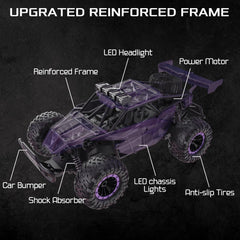 LARVEY 1:16 purple RC car LED headlights highlight night-time play and visibility