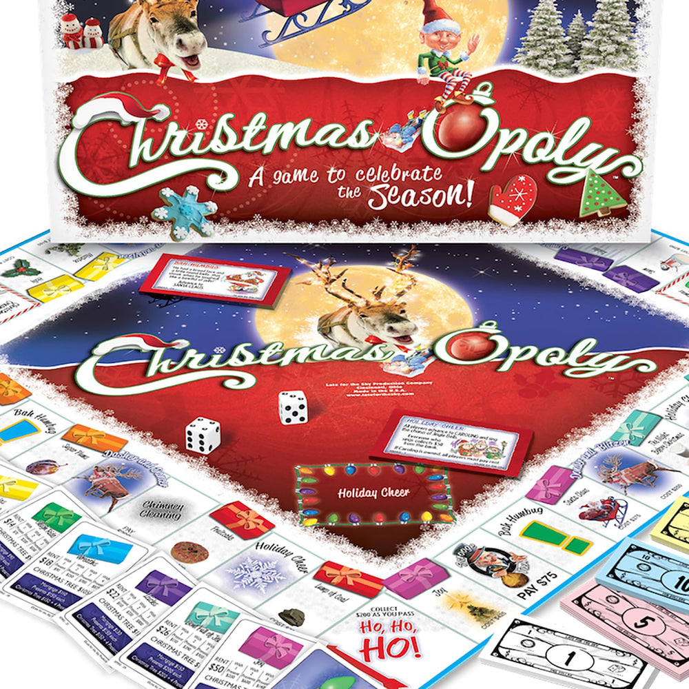 Late for the Sky Christmas-Opoly box and rules support quick setup and easy play