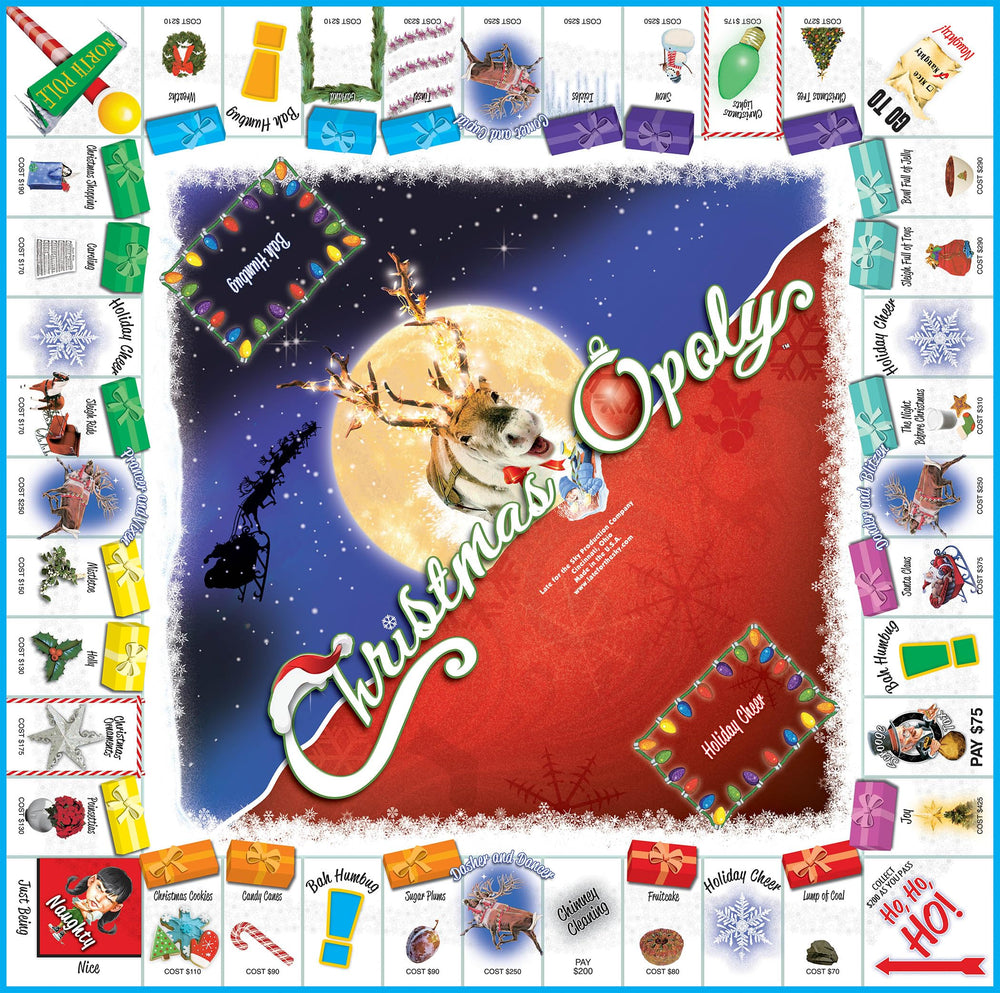 Late for the Sky Christmas-Opoly game board invites festive strategy and friendly competition