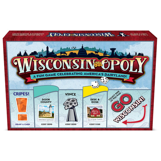 Late for the Sky Wisconsin-opoly game board, centerpiece for Wisconsin-themed family game night.