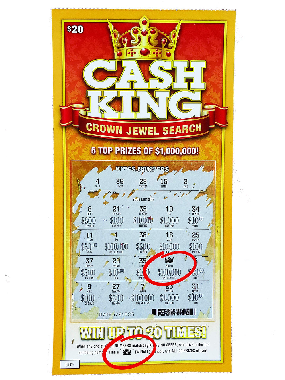 Laughing Smith Cash King scratch card closeup showing win all symbol