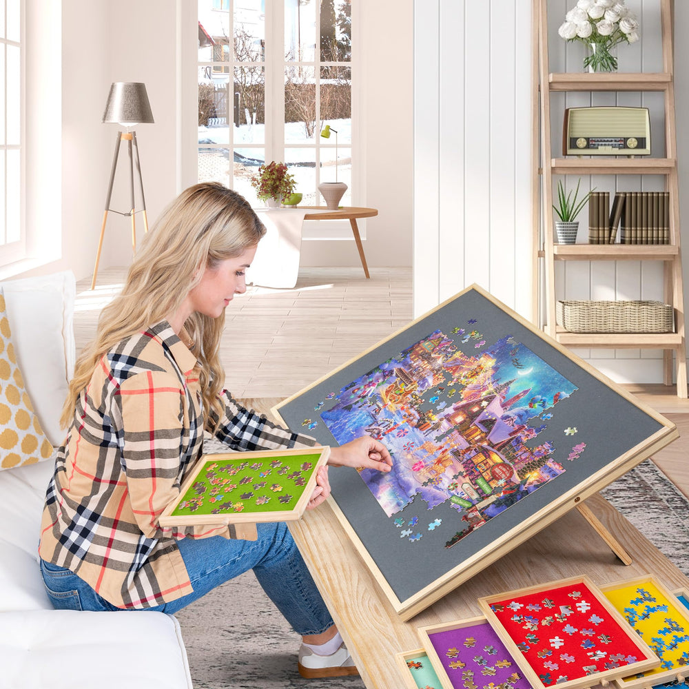 Lavievert portable puzzle board stores neatly for space-saving transport.