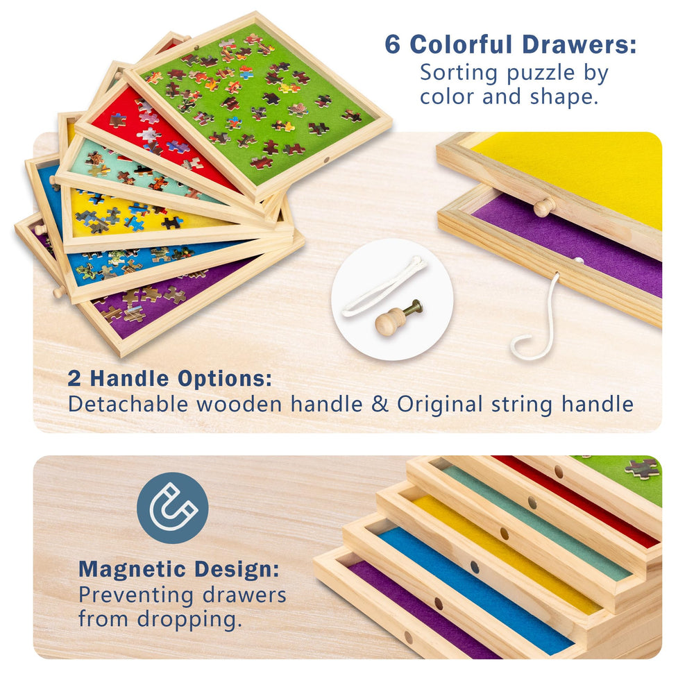 Lavievert six-colored drawer system helps sort pieces by color or shape.