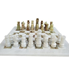 LAVISH CHESS SETS Staunton pieces in white and green onyx ready for elegant play.