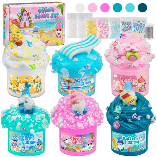 LAWOHO 6-pack slimes kit in pink and blue for colorful sensory play and party fun.