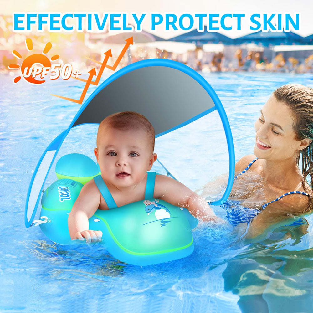 LAYCOL baby float with removable canopy offers flexible shade on sunny days.