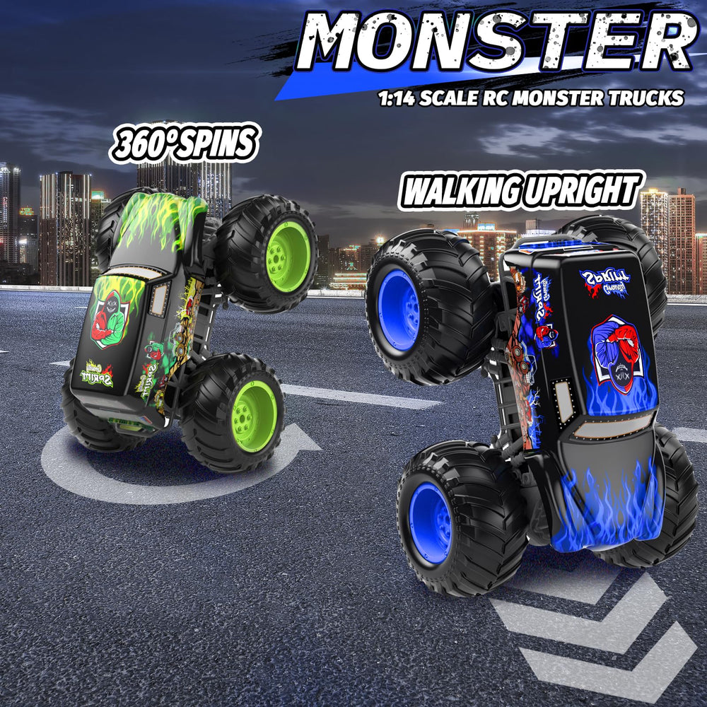 LAZZAROU 1:14 RC truck executes a rear wheelie on concrete for stunts.