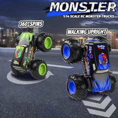 LAZZAROU 1:14 RC truck executes a rear wheelie on concrete for stunts.