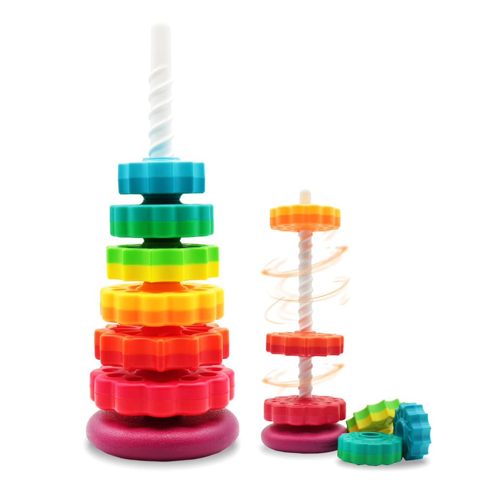 LBAIBB rainbow rotating tower showing vibrant colors for early color recognition and stacking play.