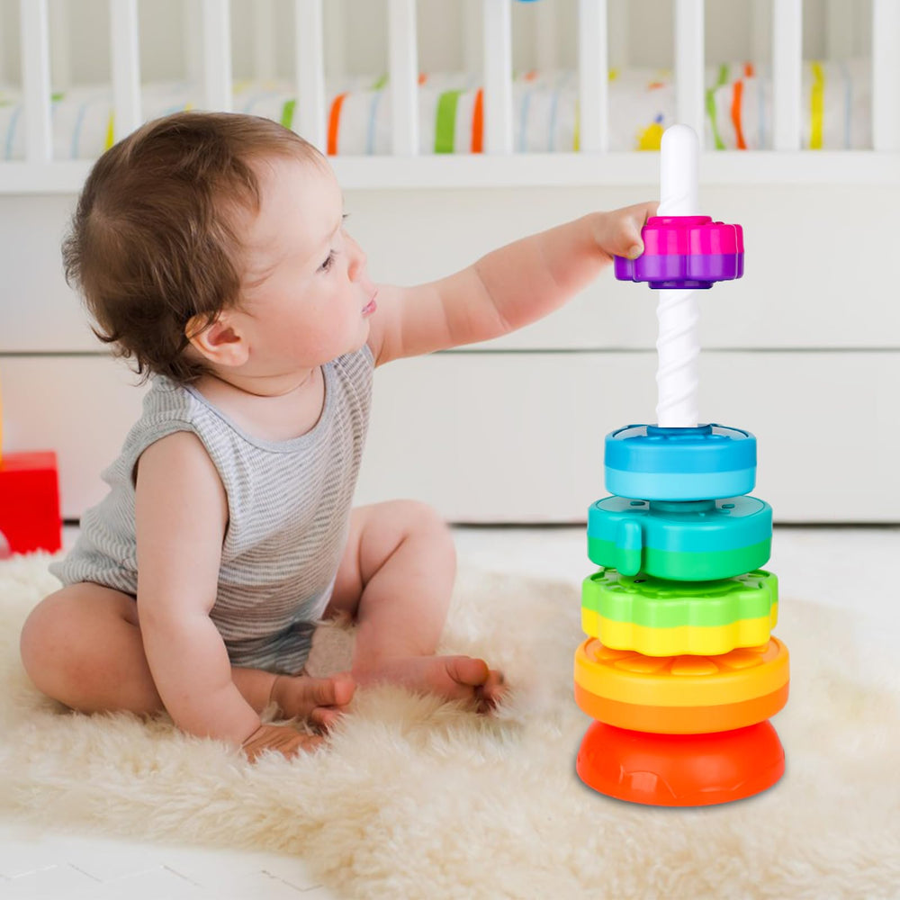 LBAIBB Spin Stack Toys rainbow colors stimulate visual differentiation.