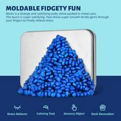 LCVUUK Blue ferrite pebbles putty shown as a portable desk toy for quick focus.