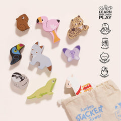 Le Toy Van forest stacker bag traveling fun with nine wooden animals.