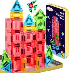 LeagoEra magnetic tiles travel set in a portable tin for on-the-go building.