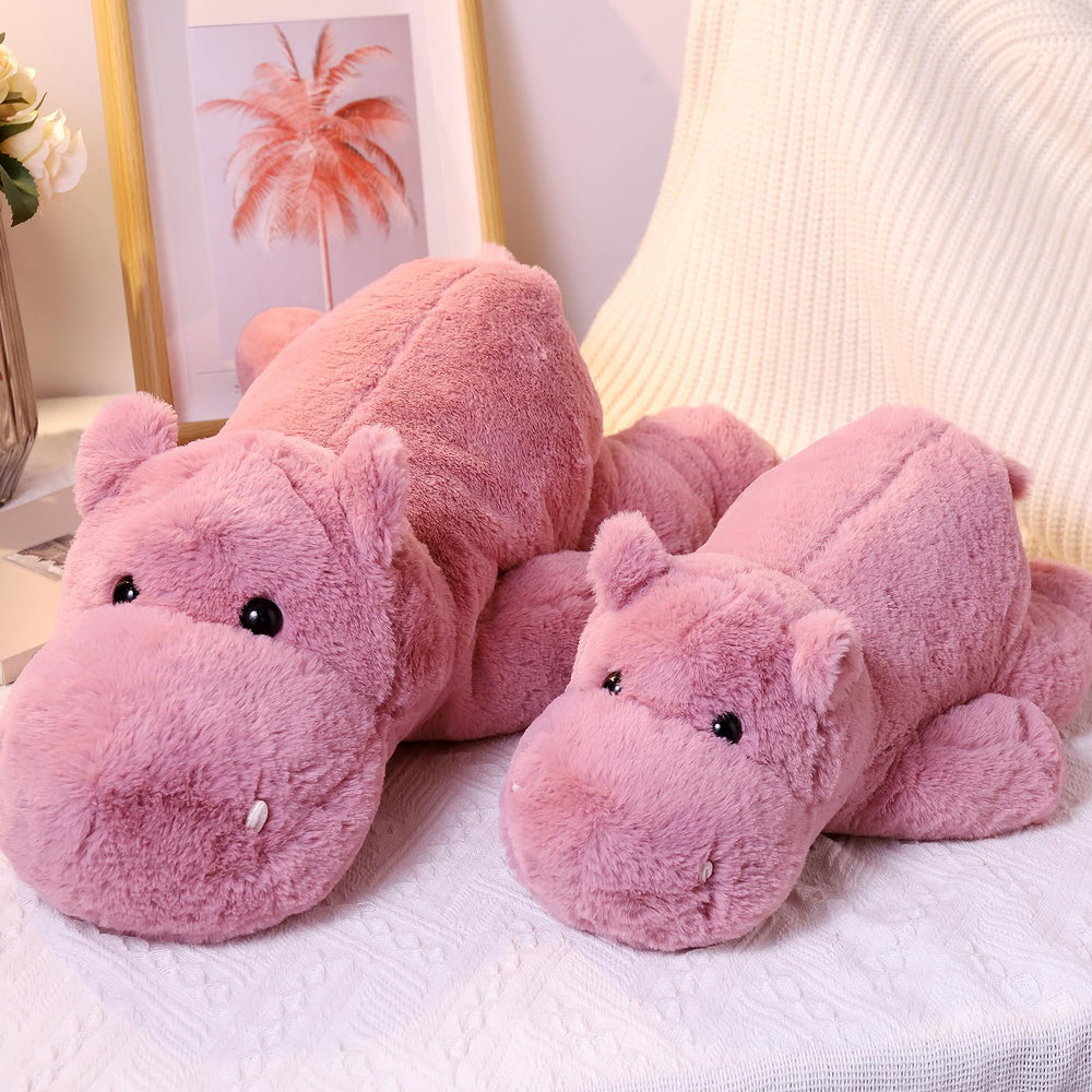 Leahaoe sensory comfort hippo plush highlighting gentle weight and soft touch.