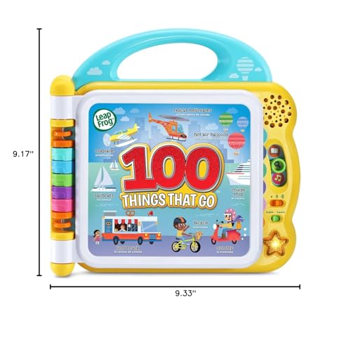 Vivid illustrations on LeapFrog 100 Things That Go depict road, sea, air, and neighborhood scenes