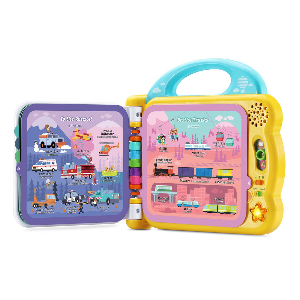 Language switch on LeapFrog 100 Things That Go lets kids hear words in English or Spanish on demand