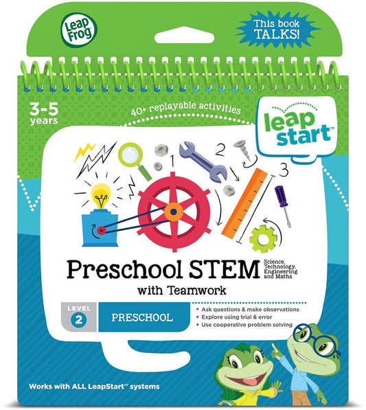 LeapFrog LeapStart Pre-K book cover featuring STEM and teamwork themes to spark curiosity.