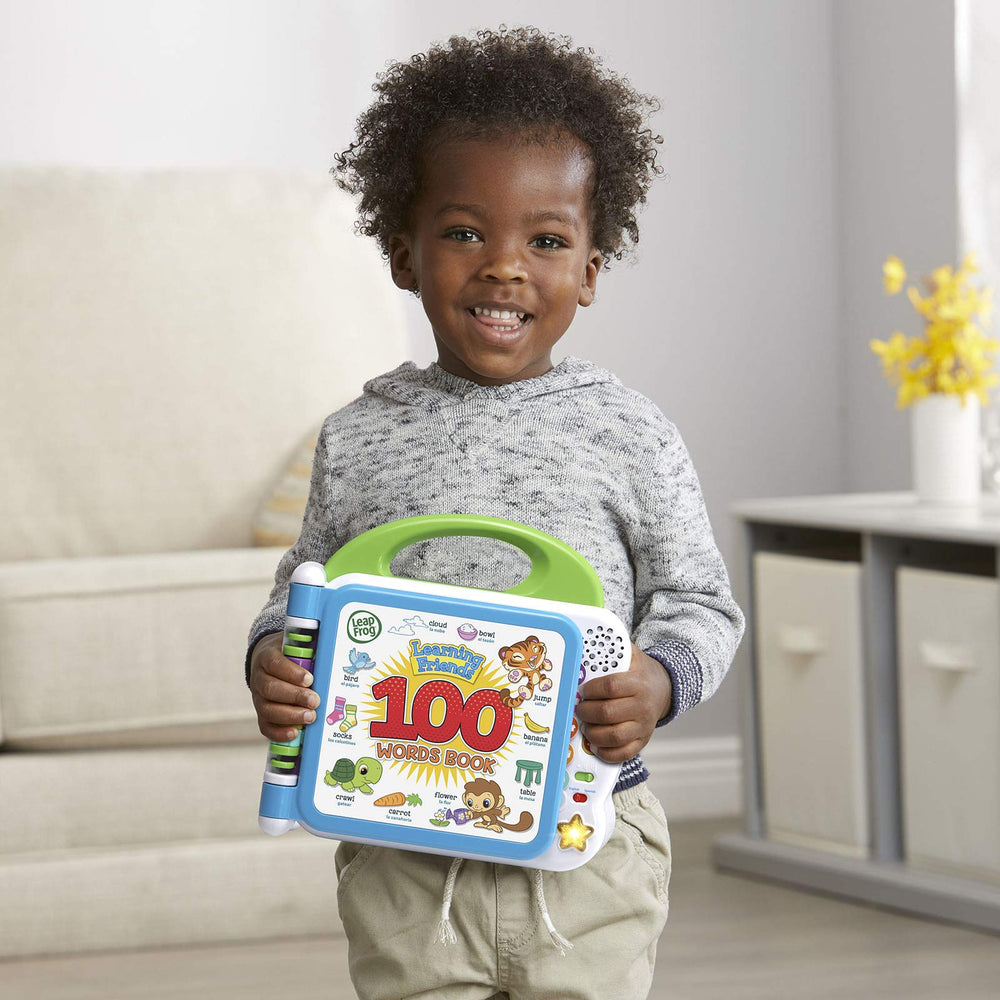 LeapFrog Learning Friends 100 Words Book bilingual language switch enables English and Spanish practice.