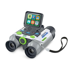 Child using LeapFrog binoculars to focus on birds with a clear 2.4-inch screen.