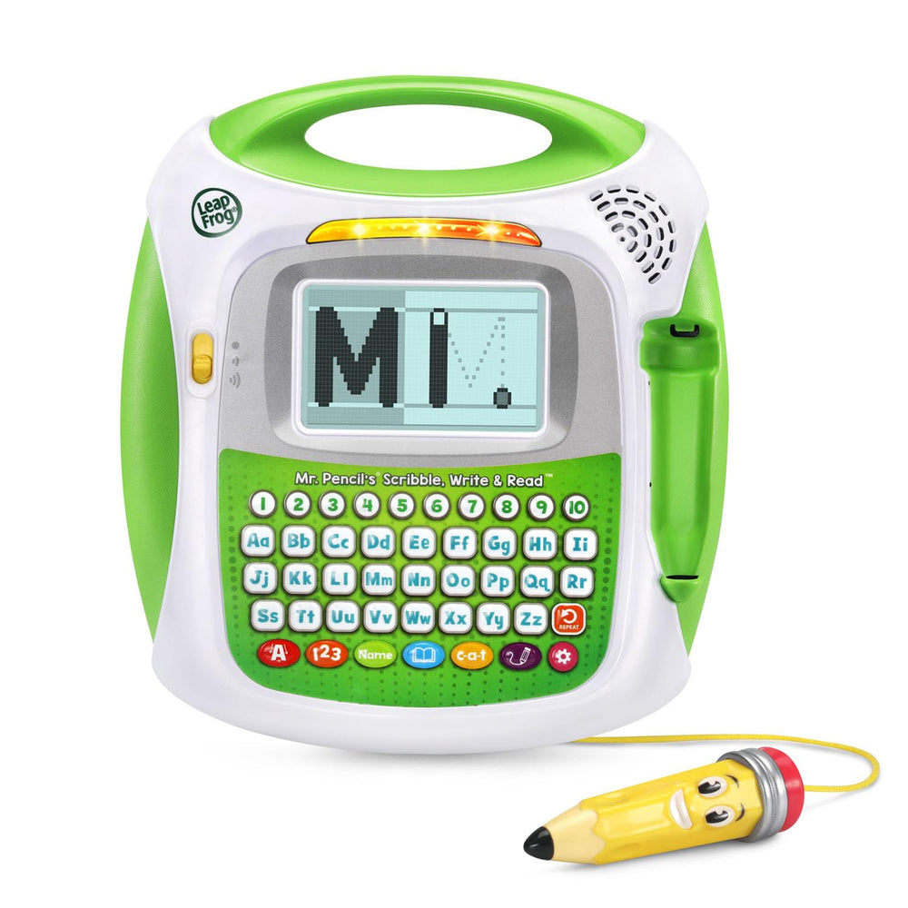 LeapFrog Mr Pencil stylus tracing dotted lines emphasizes letter practice.