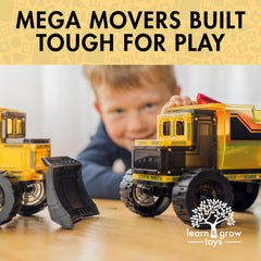 Learn & Grow Mega Movers bulldozer image highlighting rugged design and rolling wheels