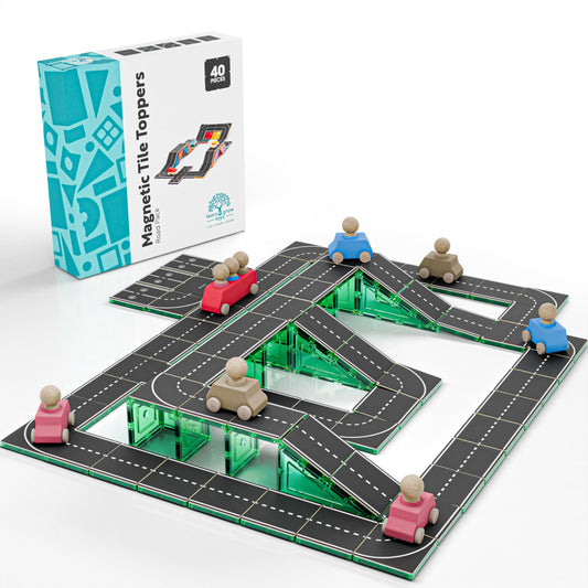 Learn & Grow road toppers straight road pieces support expanding car routes on magnetic tiles.
