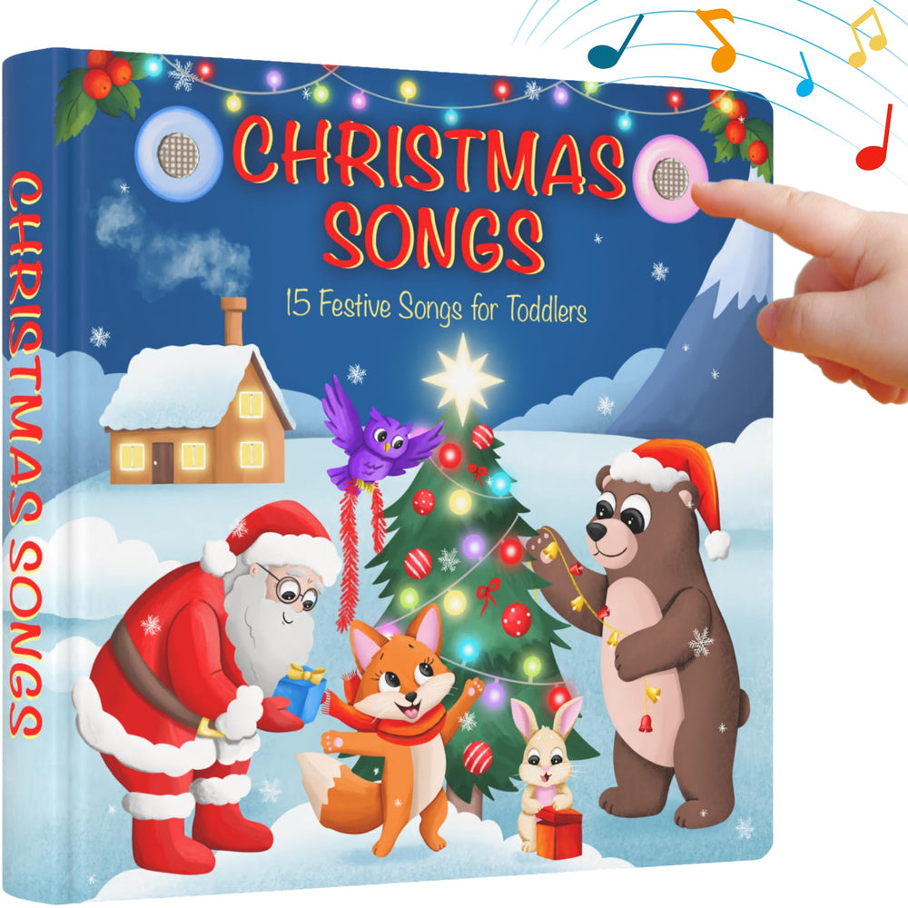 LEARNING BUGS Christmas Songs book cover with 28 buttons for interactive learning.